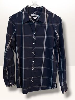 🌺Foxcraft Wrinkle Free Navy and White Plaid Long-Sleeve Button-Down Shirt-NWOT